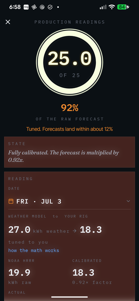 SunPlanner calibration details comparing predicted and logged solar production.