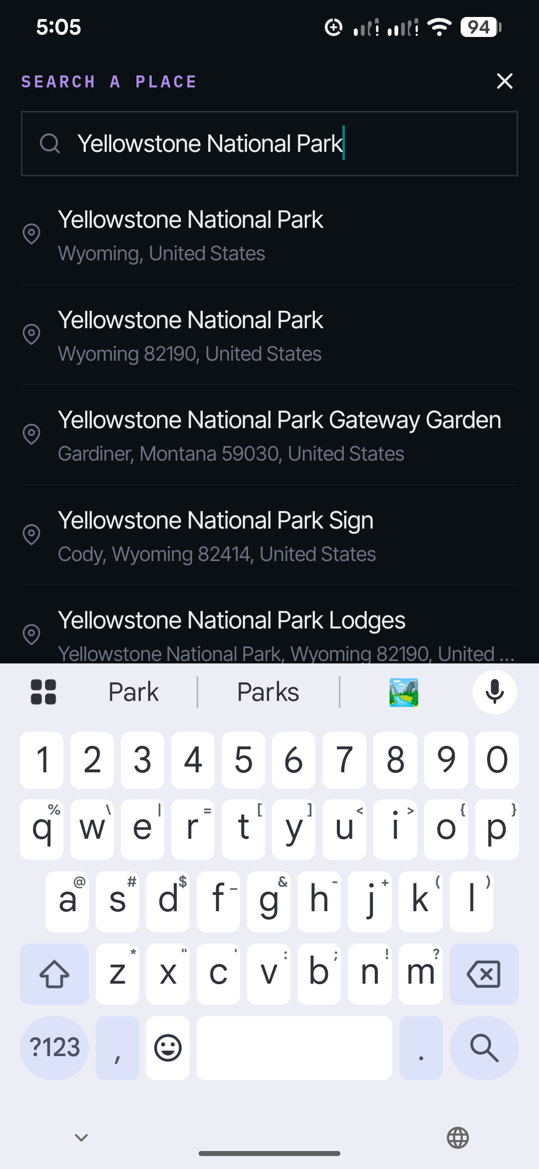 SunPlanner Sun Finder showing a Yellowstone National Park search with specific nearby results