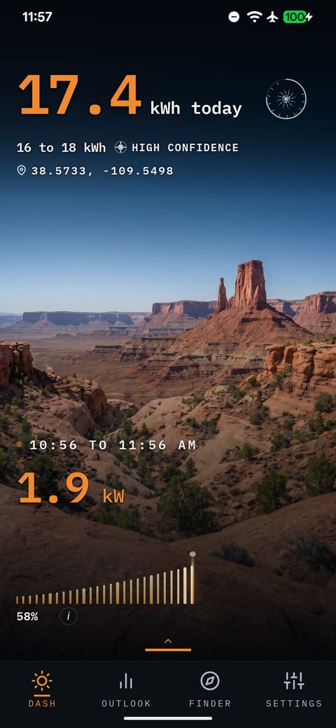 SunPlanner Dashboard using the Red Rock Canyon scenery region